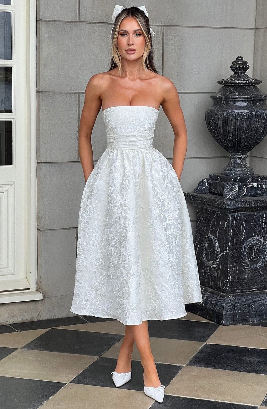 NWT Babyboo Saoirse Ivory Floral Jacquard Strapless Fit & Flare Midi Dress Sz S